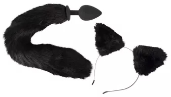 BAD KITTY fenékdugó farokkal Pet Play Plug & Ears - fekete színben, cicafüles hajráffal, fetish játékokhoz