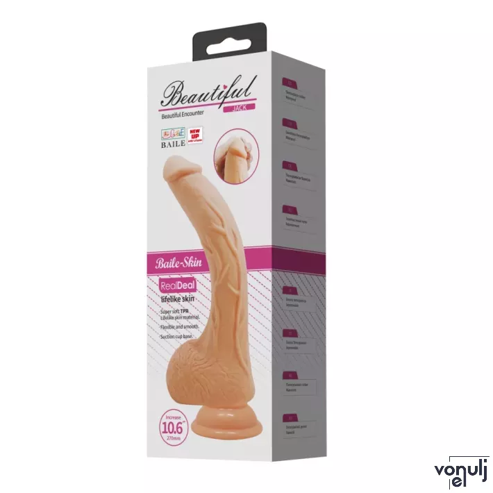 BAILE élethű vibrátor Beautiful Jack 10,6 " Vibrating Dildo - realisztikus, herés, g-pontos, letapasztható, távirányítóval, elemes, TPR (27 cm)