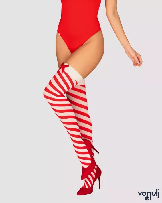 OBSESSIVE dögös ünnepi combfix Kissmas stockings - piros-fehér színben, S/M méretben