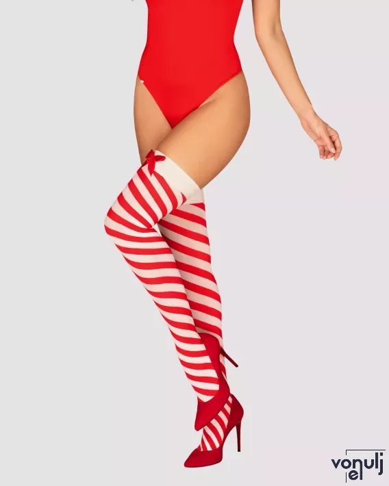 OBSESSIVE dögös ünnepi combfix Kissmas stockings - piros- fehér színben, L/XL méretben