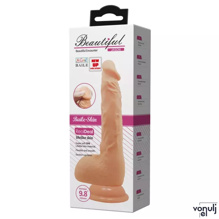 BAILE élethű vibrátor Beautiful Jason 9,8 " Vibrating Dildo - realisztikus, herés, letapasztható, távirányítóval, elemes, TPR (25 cm)