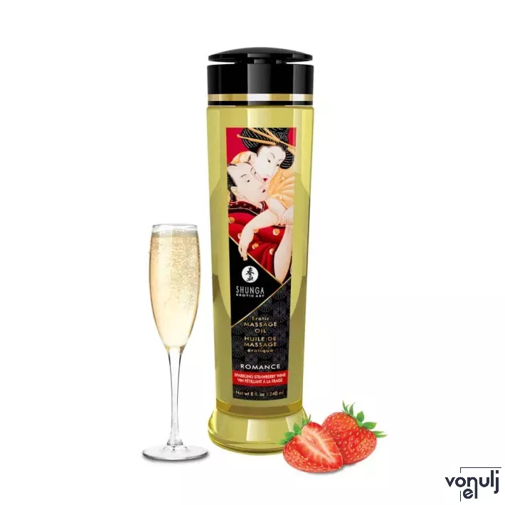 SHUNGA masszázsolaj Erotic Massage Oil Sparkling Strawberry Wine 240 ml/ 8 oz - eper és pezsgő illattal