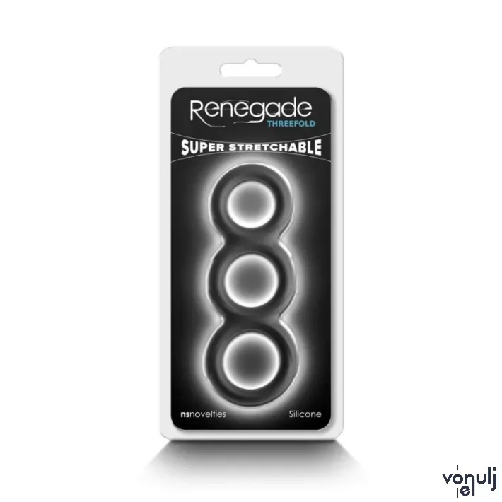RENEGADE péniszgyűrű szett Threefold Black - türkiz színben, 3 különböző méretű gyűrű, heregyűrűs, vízálló, vibráció nélküli