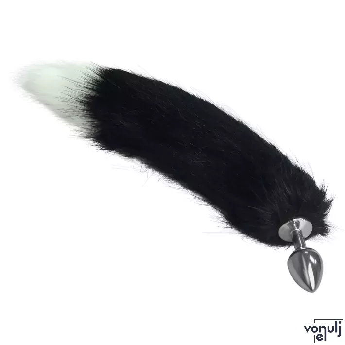 LOVETOY fenékdugó Metal Anal Tail White-Black 1 - ezüst színben, fekete-fehér farokkal, 8,5 cm fenékdugóval, fém