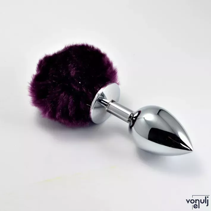 LOVETOY fenékdugó Pompon Metal Plug Small Purple - ezüst színben, lila pompon farokkal, S-méretben, fém (7 cm)