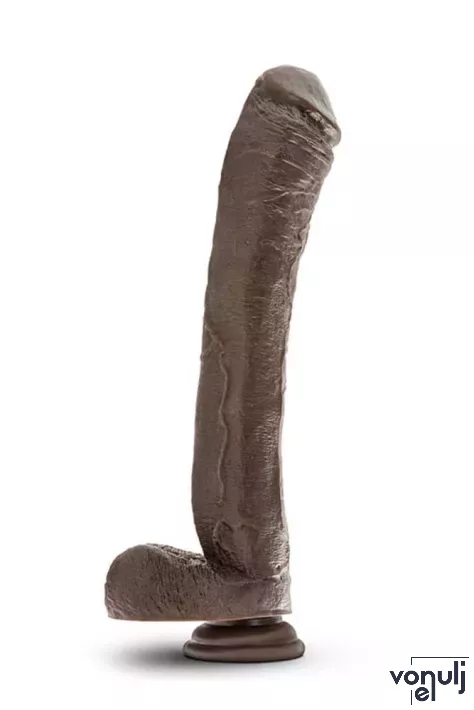 BLUSH hajlított dildó Dr. Skin Mr. Ed 13 inch Dildo Chocolate - realisztikus, sötétbarna színben, herékkel, letapasztható, vízálló, PVC 33 cm