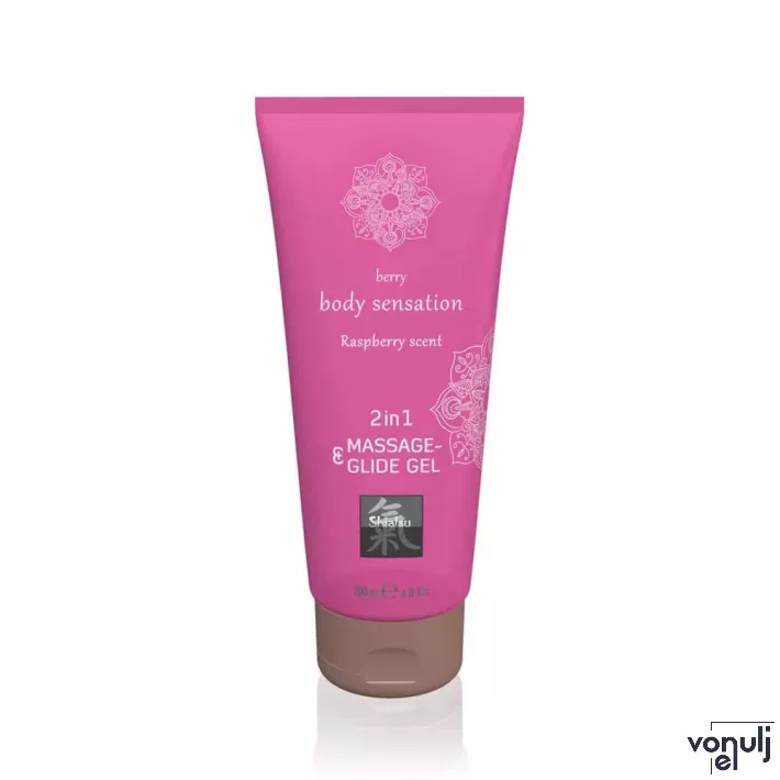 SHIATSU intim síkosító Massage&Glide Gel Raspberry 200 ml - vízbázisú, masszázshoz is, málna illattal, bőrtápláló, óvszerhez és segédeszközhöz is