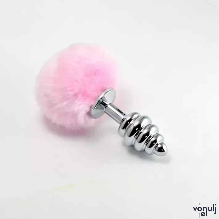 LOVETOY fenékdugó Spiral Pompon Metal Plug Pink - ezüst színben, rózsaszín pomponnal, spirális felszínnel, vízálló, fém (7 cm)