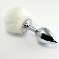 LOVETOY fenékdugó Pompon Metal Plug Small White - ezüst színben, fehér pompon farokkal, S-méretben, fém (7 cm)