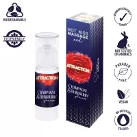 MAI ATTRACTION masszázsolaj Massage Oil Attraction Champagne & Strawberry 50 ml - vegán, ehető, eper és pezsgő ízű, melegítő hatású