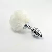 LOVETOY fenékdugó Spiral Pompon Metal Plug White - ezüst színben, fehér pomponnal, spirális felszínnel, vízálló, fém (7 cm)