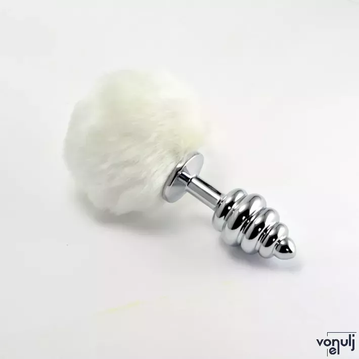 LOVETOY fenékdugó Spiral Pompon Metal Plug White - ezüst színben, fehér pomponnal, spirális felszínnel, vízálló, fém (7 cm)