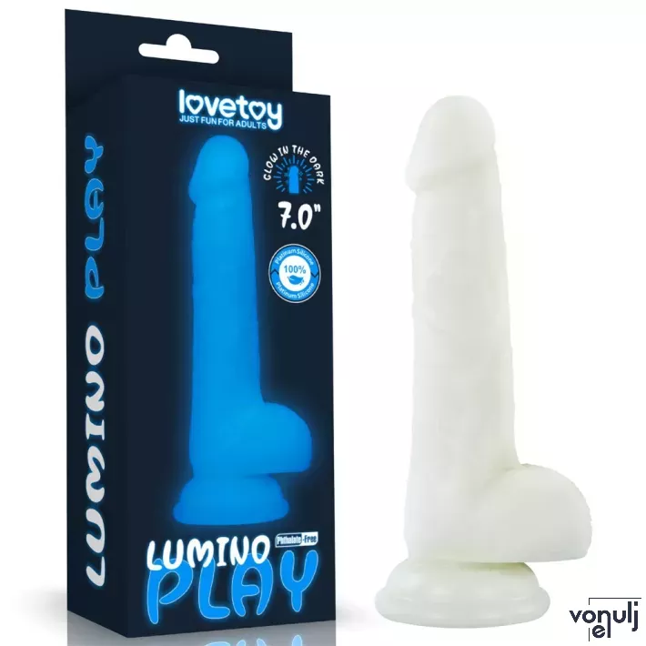 LOVETOY élethű dildó 7" LUMINO PLAY - nagy méretű, herékkel, rugalmas, letapasztható, sötétben világít, szilikon (18 cm)