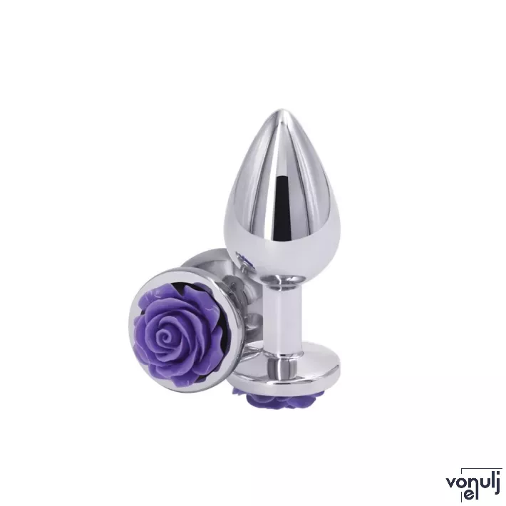 NS NOVELTIES fenékdugó Rear Assets Rose Medium Purple - ezüst színben, lila rózsával, M-méretben, vízálló, fém (8.6 cm)