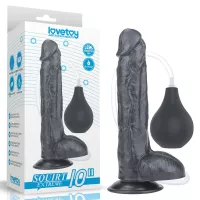 LOVETOY élethű dildó 10" SQUIRT EXTREME DILDO - nagy méretű, herékkel, ejakuláló, nagy pumpa, letapasztható, fekete, PVC (25 cm)