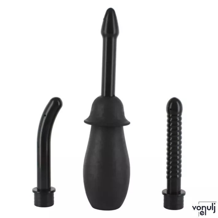 SEVEN CREATIONS intim irrigáló Douche Unisex Black - fekete színben, 3 cserélhető fejjel, anális és hüvelyi irrigáláshoz, 100 ml