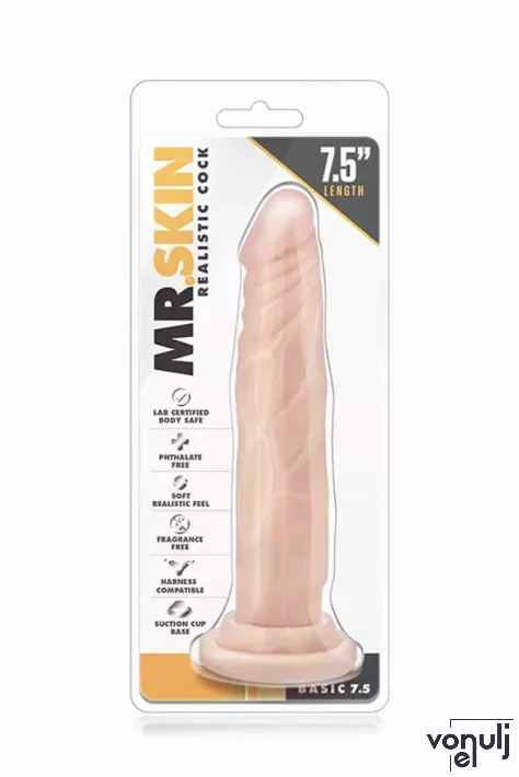 MR. SKIN élethű dildó 7,5" BASIC - közepes méretű, rugalmas, strap-on, herék nélkül, letapasztható, TPE, (19 cm)