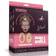 LOVETOY guminő Cowgirl Style Love Doll Brown - felfújható, barna színű, átlagos méretű, 3D-s arccal, 3 kéjnyílással, lábpumpával, javítókészlettel