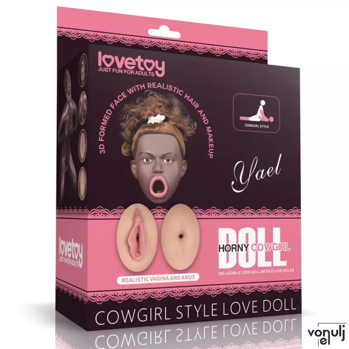 LOVETOY guminő Cowgirl Style Love Doll Brown - felfújható, barna színű, átlagos méretű, 3D-s arccal, 3 kéjnyílással, lábpumpával, javítókészlettel