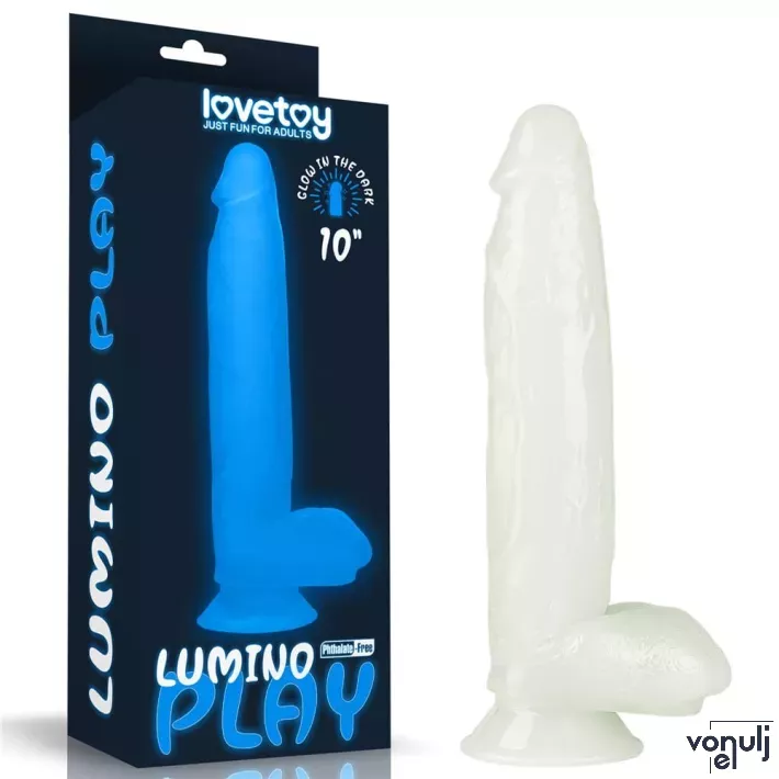 LOVETOY élethű dildó 10" LUMINO PLAY - nagy méretű, herékkel, rugalmas, letapasztható, sötétben világít, TPE (25 cm)