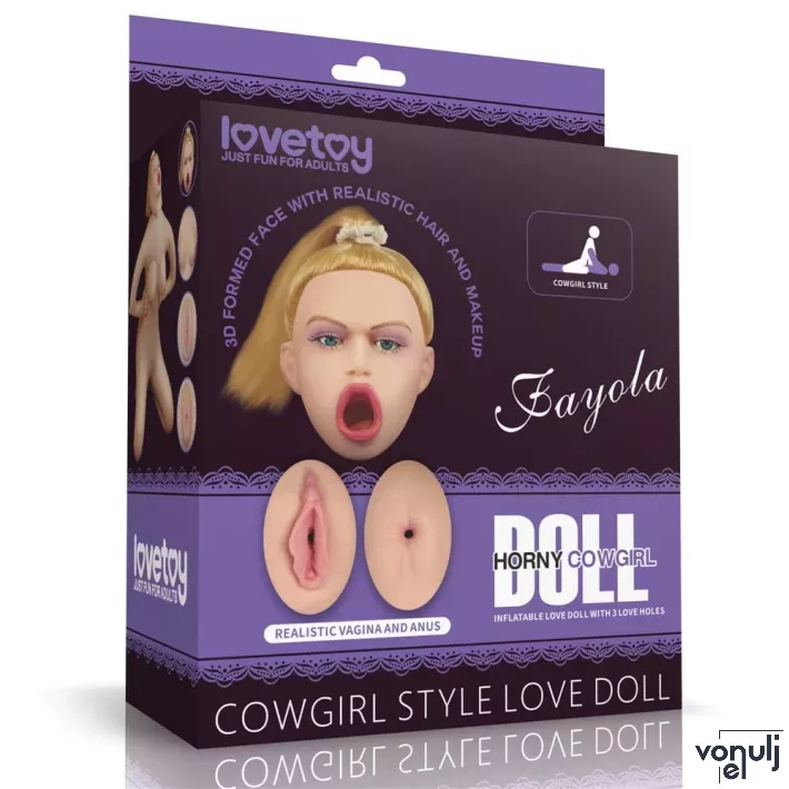 LOVETOY guminő Cowgirl Style Love Doll Flesh - felfújható, testszínű, átlagos méretű, 3D-s arccal, 3 kéjnyílással, lábpumpával, javítókészlettel