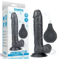 LOVETOY élethű dildó 9" SQUIRT EXTREME DILDO - közepes méretű, herékkel, ejakuláló, nagy pumpa, letapasztható, fekete, PVC (23 cm)