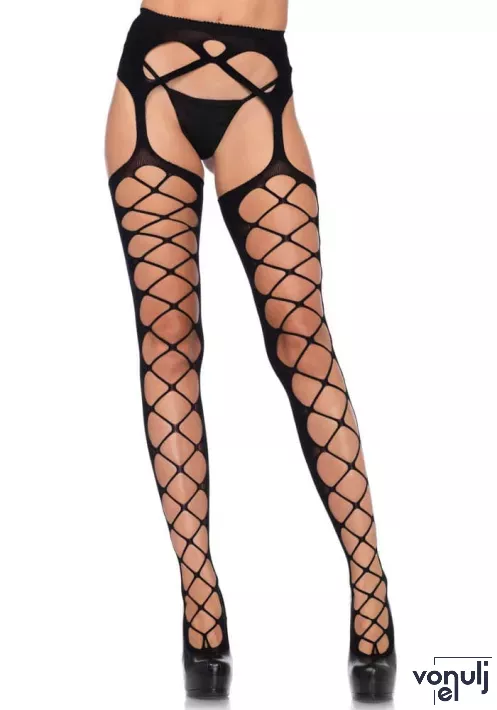 LEG AVENUE vadító harisnyanadrág Diamond net opaque stockings - fekete színben, O/S egy méretben