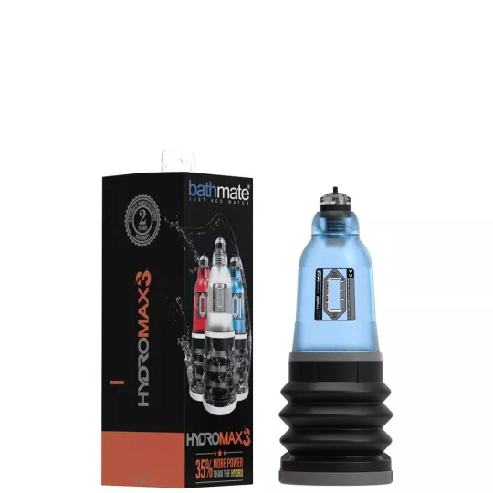 BATHMATE péniszpumpa Hydromax 3 Blue - áttetsző kék színben, 3-8cm méretű péniszhez, vízzel kombinált vákuumos hatással, erős szívóerővel, vízálló