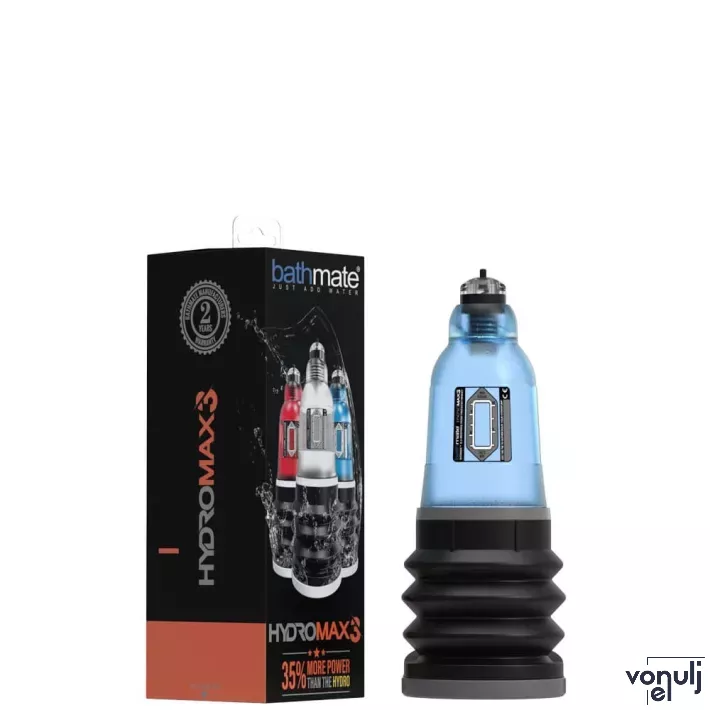 BATHMATE péniszpumpa Hydromax 3 Blue - áttetsző kék színben, 3-8cm méretű péniszhez, vízzel kombinált vákuumos hatással, erős szívóerővel, vízálló