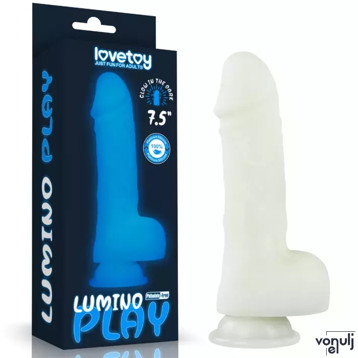 LOVETOY élethű dildó 7,5" LUMINO PLAY - nagy méretű, herékkel, rugalmas, letapasztható, sötétben világít, szilikon (19,3 cm)