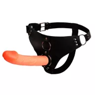 BAILE felcsatolható dildó Ultra Passionate Harness 2 - testszínű, hajlított, állítható hevederrel,  PVC, 19,8 cm dildóval