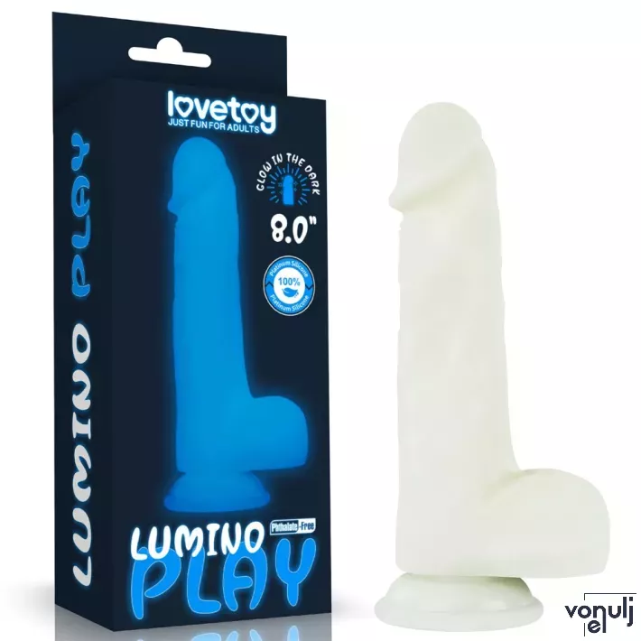 LOVETOY élethű dildó 8" LUMINO PLAY - nagy méretű, herékkel, rugalmas, letapasztható, sötétben világít, szilikon (20,9 cm)