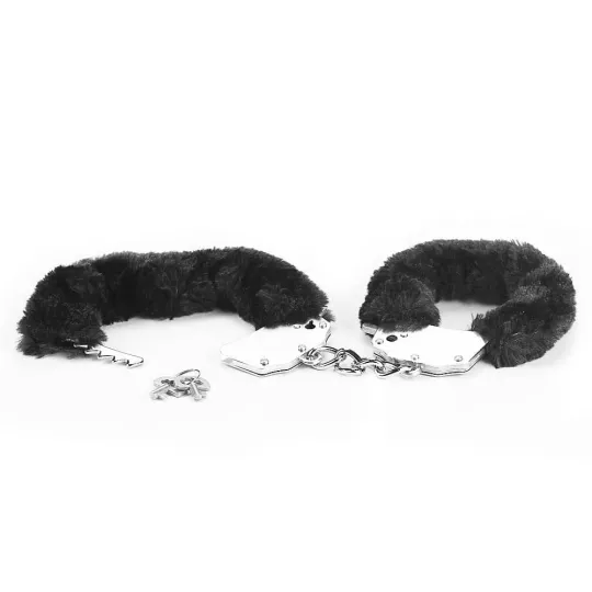 LOVETOY bilincs Fetish Pleasure Fluffy Hand Cuffs Black - fém, fekete plüss borítással