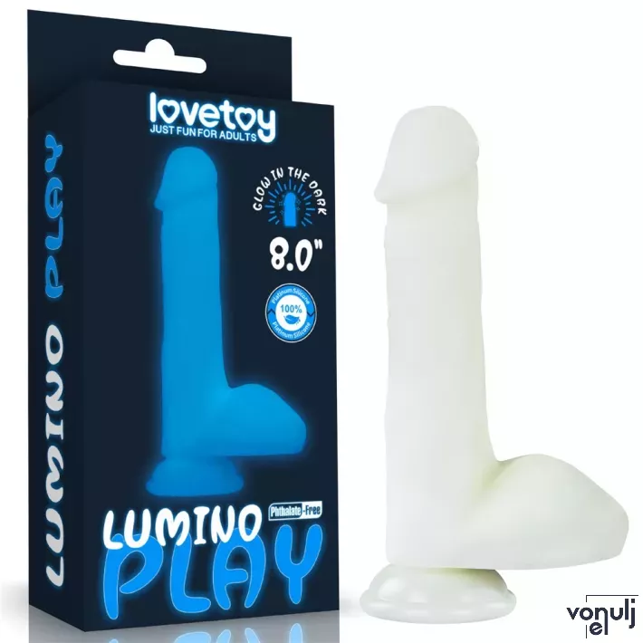 LOVETOY élethű dildó 8" LUMINO PLAY - nagy méretű, herékkel, rugalmas, letapasztható, sötétben világít, szilikon (21 cm)