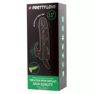 PRETTY LOVE péniszköpeny Penis Sleeve With Ball Strap - fekete színben, kontakt vibrátorral, csiklóizgatóval, vízálló, elemes, (14 cm)