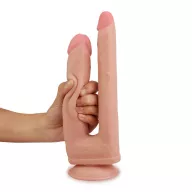 LOVETOY kétágú dildó Skinlike Soft Dong - realisztikus, testszínű, kétágú, kétrétegű, hajlítható, letapasztható, vízálló, TPE ( 21,9 cm és 25 cm )