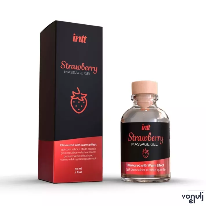 INTT masszázsgél Massage Gel Strawberry Glass Bottle 30 ml - ehető, eper ízű, melegítő hatású