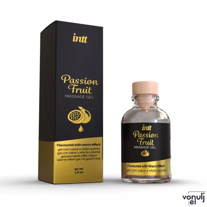 INTT masszázsgél Massage Gel Passion Fruit Glass Bottle 30 ml - ehető, maracuja ízű, melegítő hatású