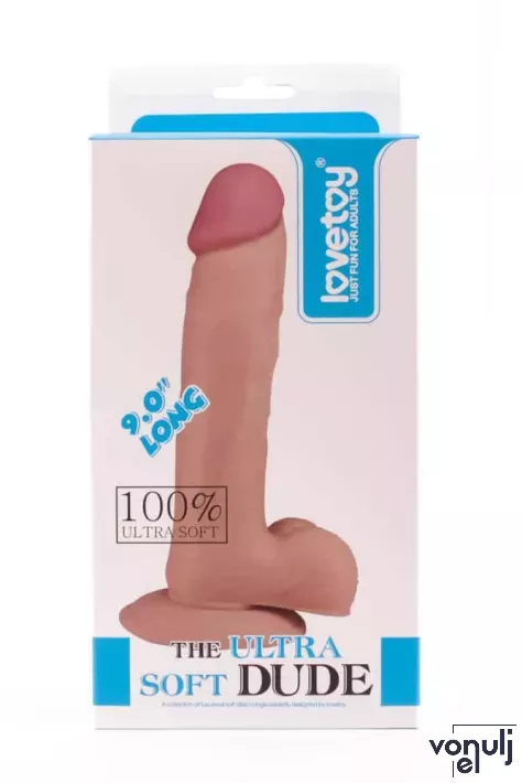 LOVETOY élethű dildó 9" ULTRA SOFT DUDE 5 - nagy méretű, vastag, ultra rugalmas, herékkel, letapasztható, TPE (23 cm)