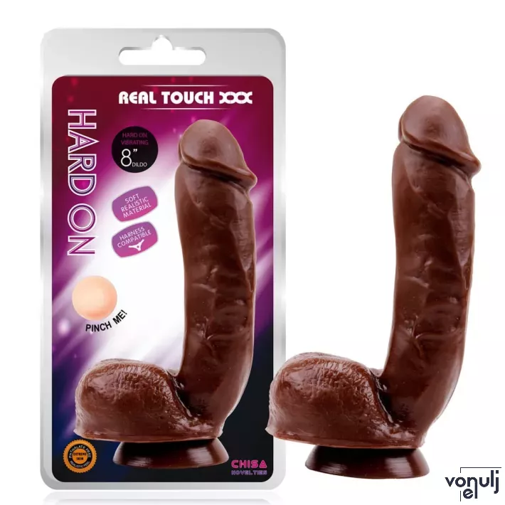 CHISA NOVELTIES élethű dildó Real Touch XXX Hard On Brown - nagy méretű, hámba helyezhető,letapasztható,herékkel,barna színben,vízálló,TPE(20,3 cm)