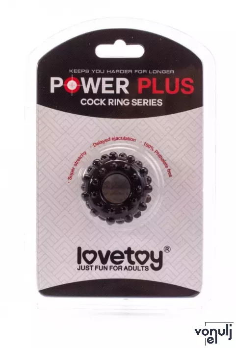 LOVETOY péniszgyűrű Power Plus Cockring 3 - fekete színben, külső stimuláló felülettel, vízálló, vibráció nélküli