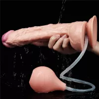 LOVETOY élethű dildó 11" SQUIRT EXTREME DILDO - nagy méretű, herékkel, ejakuláló, nagy pumpa, letapasztható, PVC (28 cm)