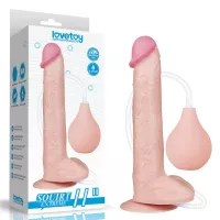 LOVETOY élethű dildó 11" SQUIRT EXTREME DILDO - nagy méretű, herékkel, ejakuláló, nagy pumpa, letapasztható, PVC (28 cm)