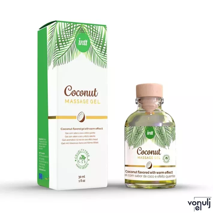 INTT masszázsgél Massage Gel Coconut Vegan Glass Bottle 30 ml - vegán, ehető, kókusz ízű, melegítő hatású