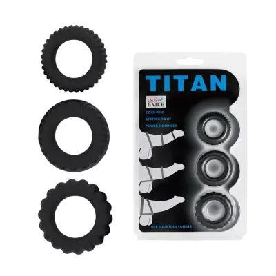 BAILE péniszgyűrű szett Titan 3 in 1 Silicone Rings Black - fekete színben, 3 különböző gyűrű, vibráció nélküli, vízálló