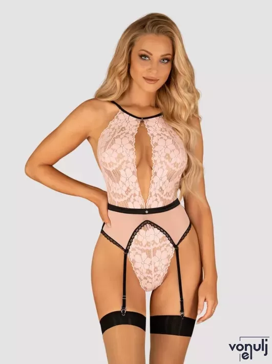 OBSESSIVE szexi body Lilines teddy - rózsaszínű színben, S/M méretben