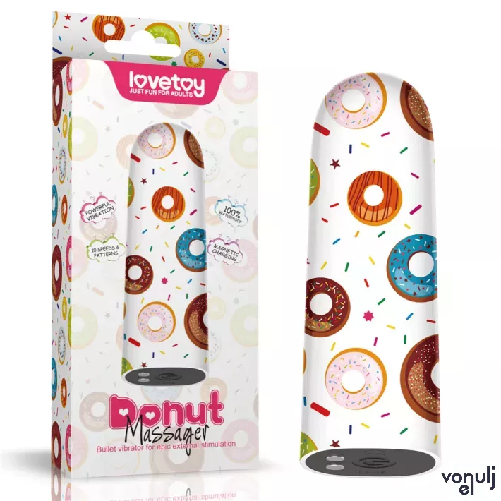 LOVETOY minivibrátor Rechargeable Donut Massager - fehér színben, egyedi fánk mintás külsővel, vízálló, akkumulátoros