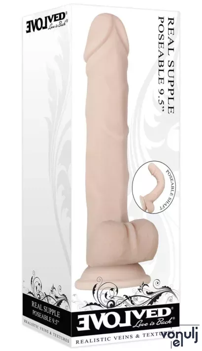 EVOLVED élethű dildó 9,5" REAL SUPPLE - nagy méretű, extra rugalmas, herékkel, letapasztható, hajlítható, vízálló, TPE (24cm)